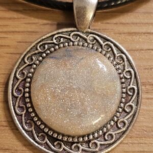 Pretty Handmade Polymer Clay And Metal Unisex Pendant On 18" Black Waxed Cord